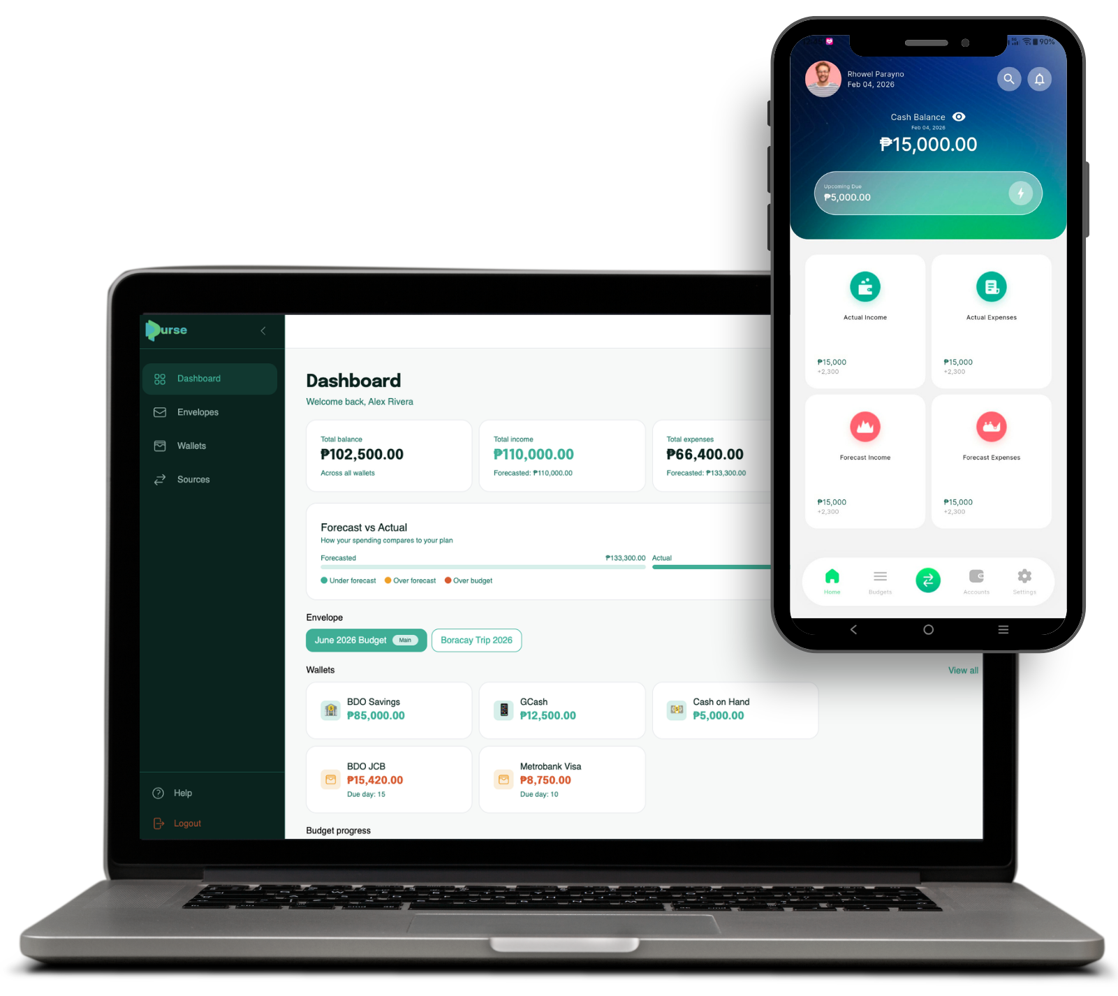 MyPurse web and mobile app showing dashboard and cash balance